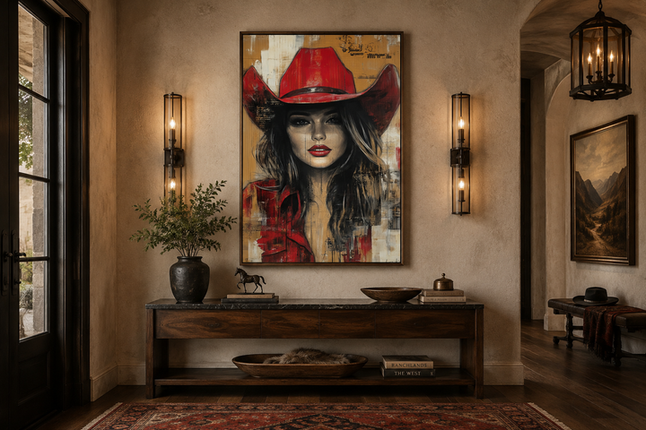 Cowgirl in red hat graffiti portrait framed canvas wall art in a rustic western living room.