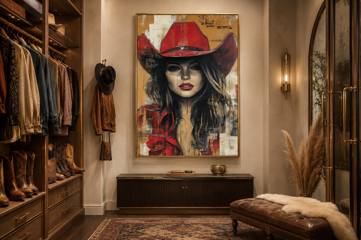 Framed graffiti-style canvas art of a cowgirl in a red hat in a rustic walk-in closet.