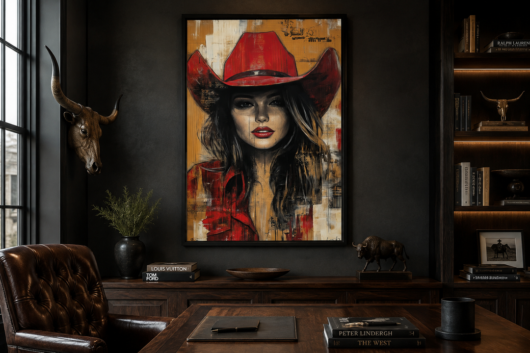 Cowgirl in red hat graffiti portrait framed canvas wall art in a dark rustic office setting.