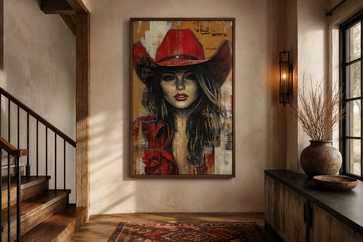 Framed graffiti-style portrait of a cowgirl in a red hat on a rustic wall in a modern home interior.