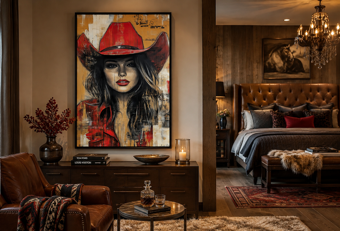 Cowgirl in red hat graffiti portrait framed canvas wall art in a rustic western bedroom setting.