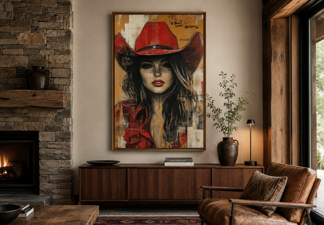 Cowgirl in red hat graffiti portrait framed canvas wall art in a rustic living room setting.