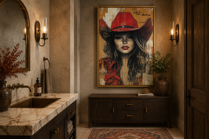 Framed graffiti-style portrait of a cowgirl in a red hat hanging in a rustic bathroom.