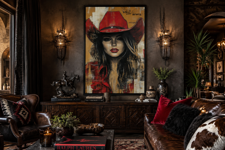 Cowgirl in red hat graffiti portrait framed canvas wall art in a rustic western living room.
