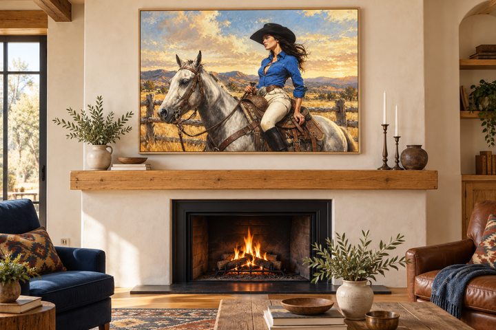 Cowgirl on white horse framed canvas wall art displayed above a fireplace in a rustic living room.