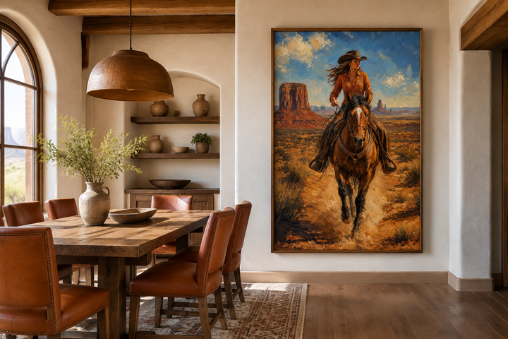 Framed canvas wall art of a cowgirl riding a horse in Monument Valley, hung in a rustic dining room.