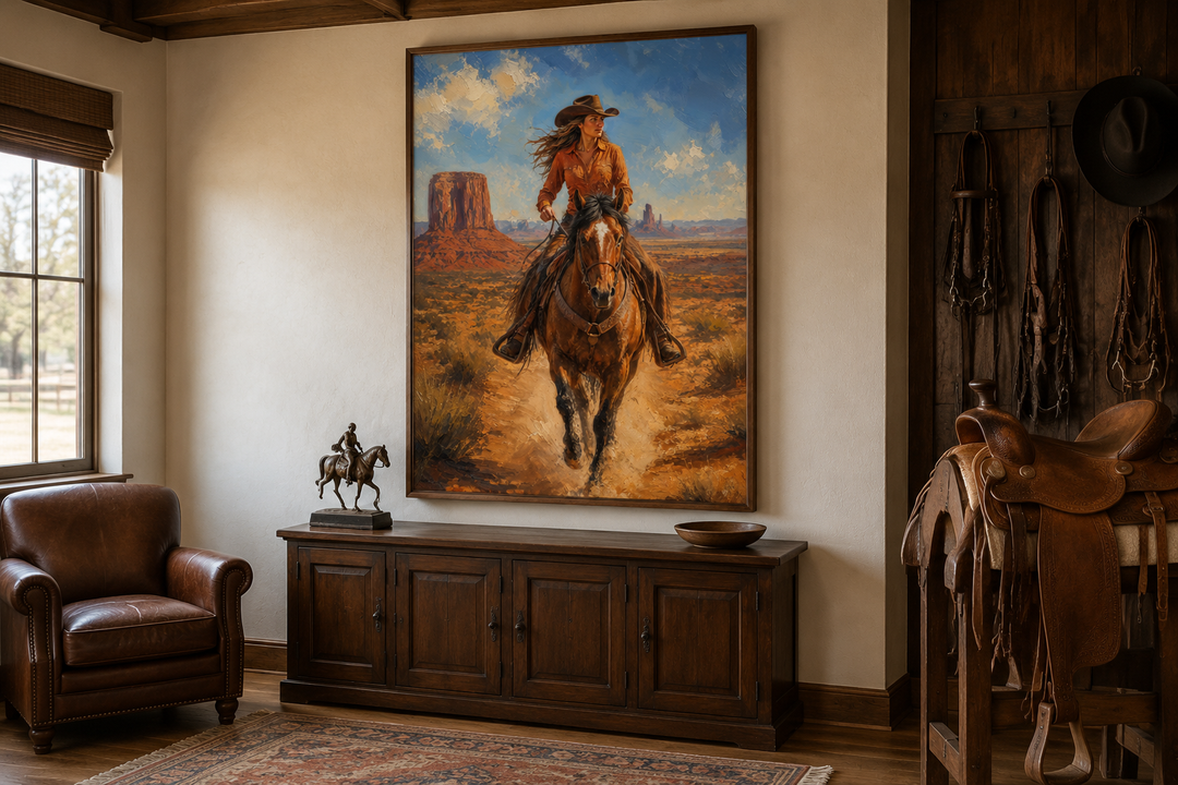 Framed canvas wall art of a cowgirl riding a horse through Monument Valley in a rustic room.