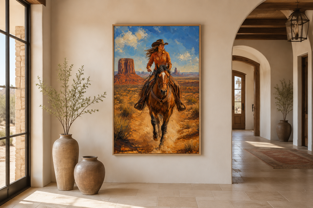 Framed canvas wall art of a cowgirl riding a horse in Monument Valley, displayed in a rustic room.