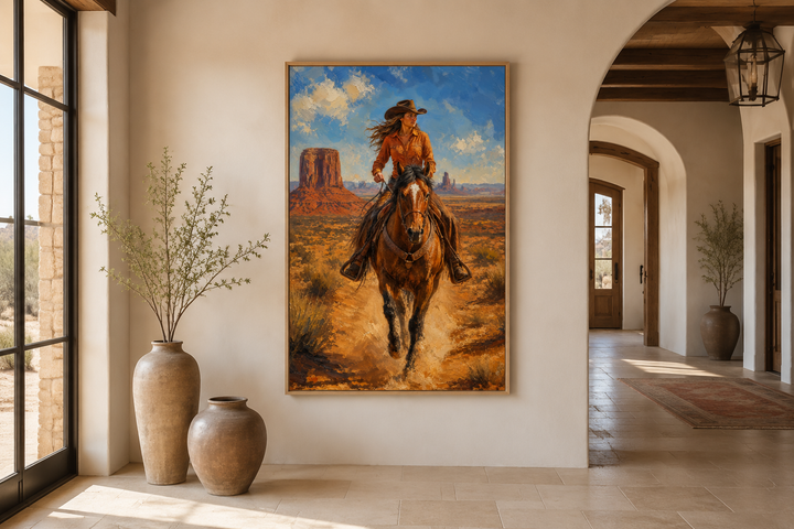Framed canvas wall art of a cowgirl riding a horse in Monument Valley, displayed in a rustic room.