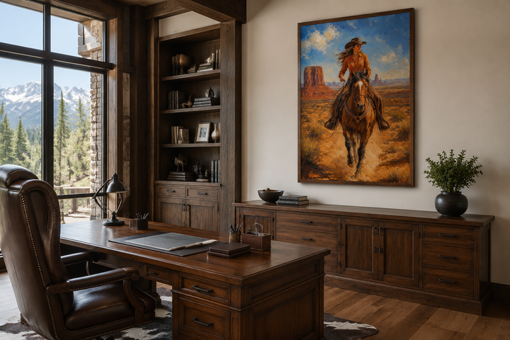 Framed canvas wall art of a cowgirl riding a horse in Monument Valley, hung in a rustic home office.