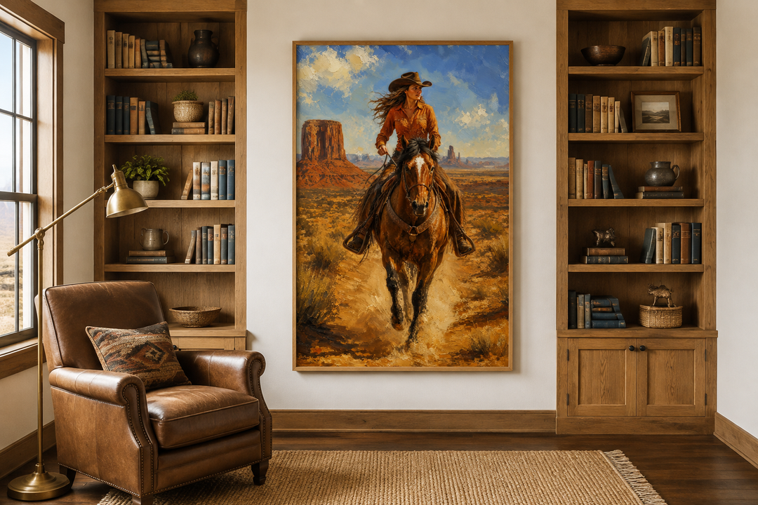 Framed canvas wall art of a cowgirl riding a horse in Monument Valley, displayed in a rustic room.