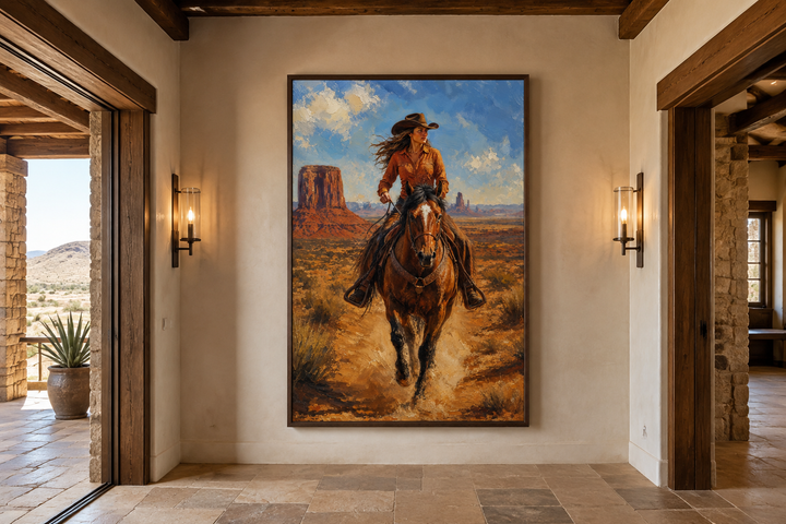 Framed canvas wall art of a cowgirl riding a horse in Monument Valley, hung in a rustic hallway.