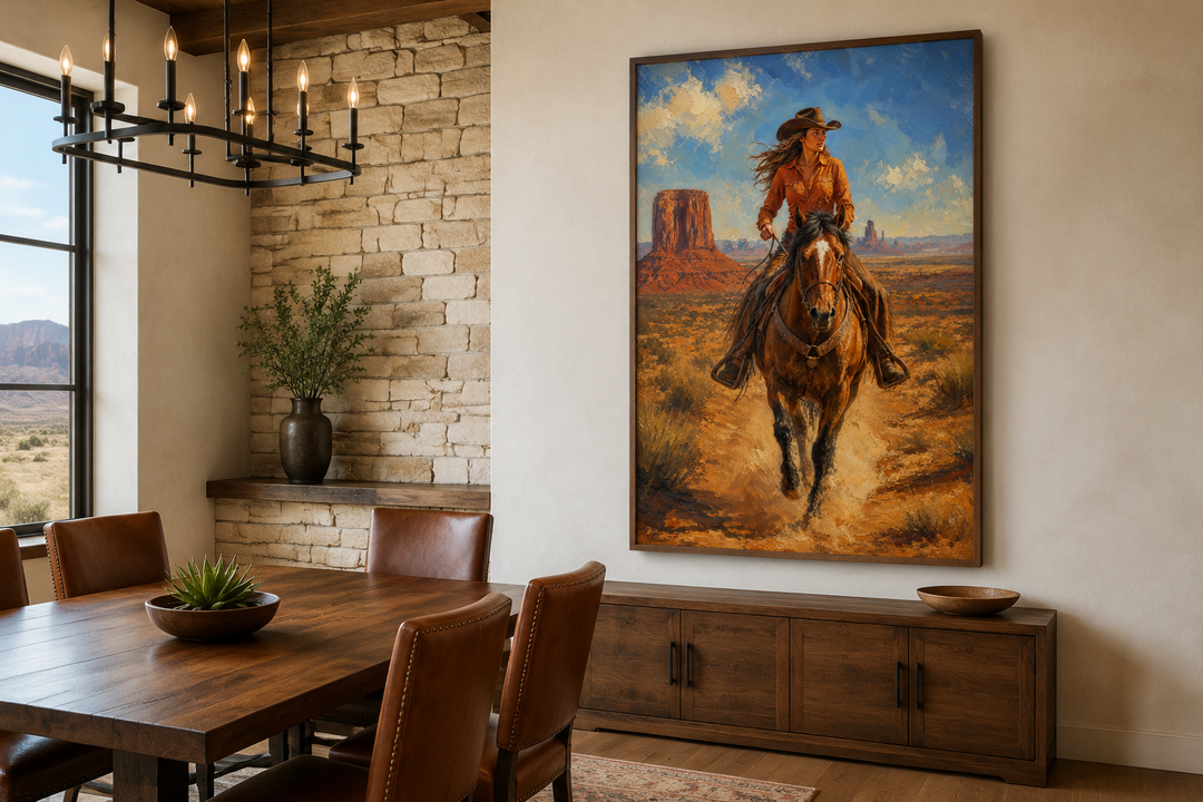 Framed canvas wall art of a cowgirl riding a horse in Monument Valley, hung in a rustic dining room.