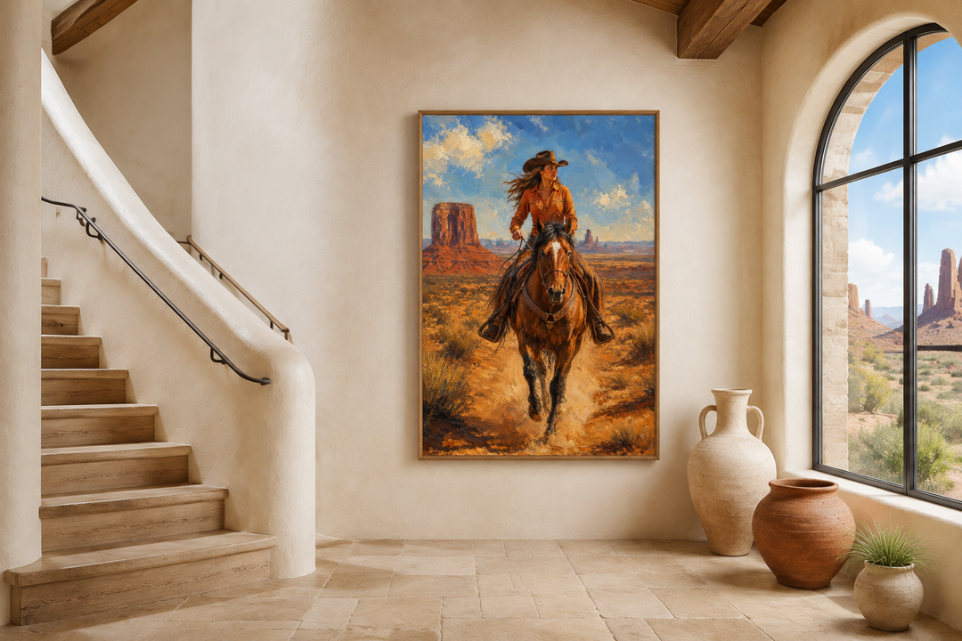 Framed canvas wall art of a cowgirl riding a horse through Monument Valley in a rustic interior.