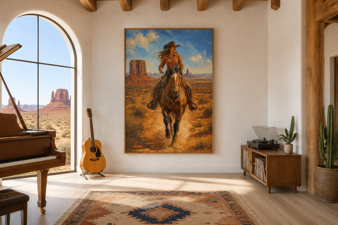 Framed canvas wall art of a cowgirl riding a horse in Monument Valley, hung in a rustic living room.