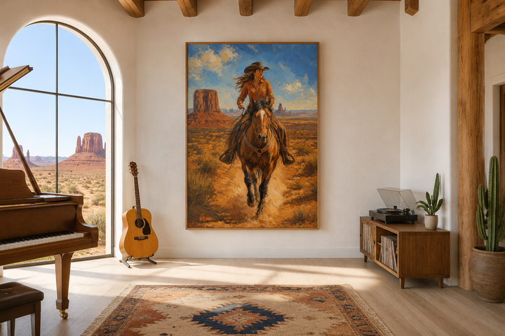 Framed canvas wall art of a cowgirl riding a horse in Monument Valley, hung in a rustic living room.