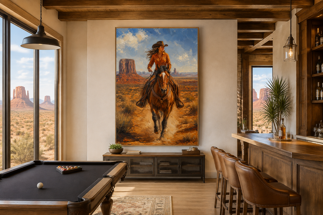 Framed canvas wall art of a cowgirl riding a horse in Monument Valley, displayed in a rustic room.