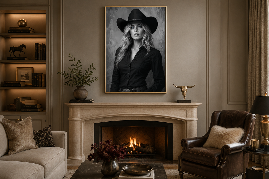 Black and white cowgirl portrait with striking blue eyes canvas print above a fireplace.