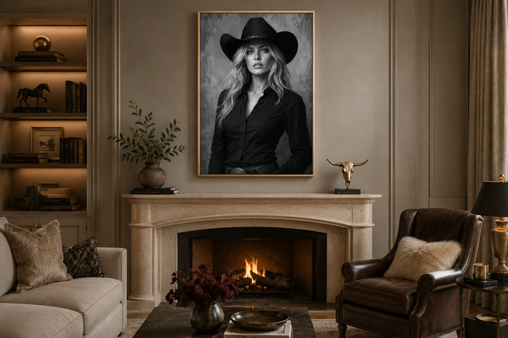 Black and white cowgirl portrait with striking blue eyes canvas print above a fireplace.