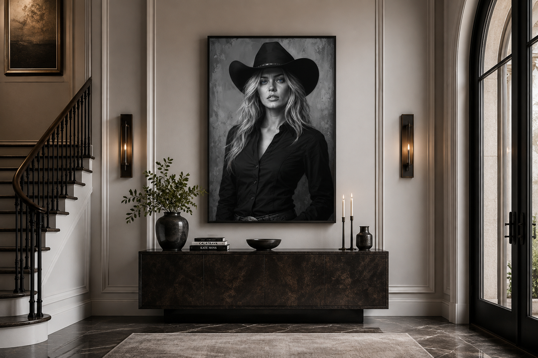 Black and white cowgirl portrait with striking blue eyes on a canvas print above a console table.