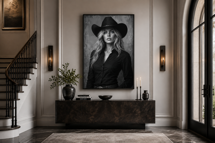 Black and white cowgirl portrait with striking blue eyes on a canvas print above a console table.