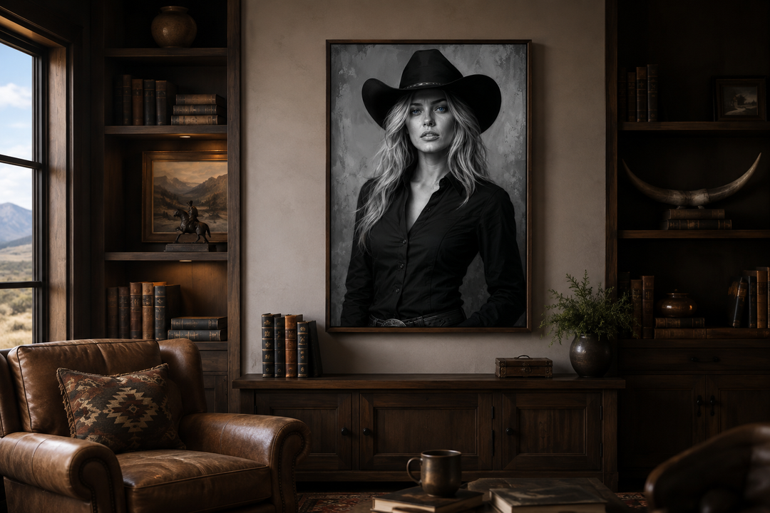 Black and white cowgirl canvas print with striking blue eyes in a rustic, wood-paneled study.