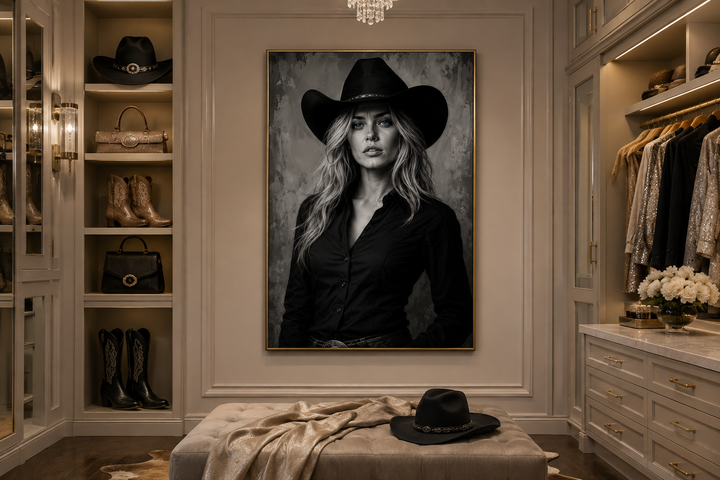 Black and white cowgirl portrait canvas with striking blue eyes in a modern walk-in closet.