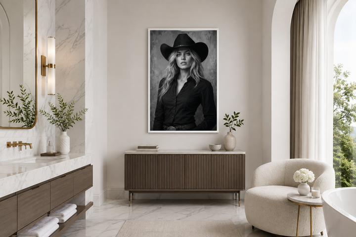Black and white cowgirl portrait with striking blue eyes canvas art hanging in a modern bathroom.