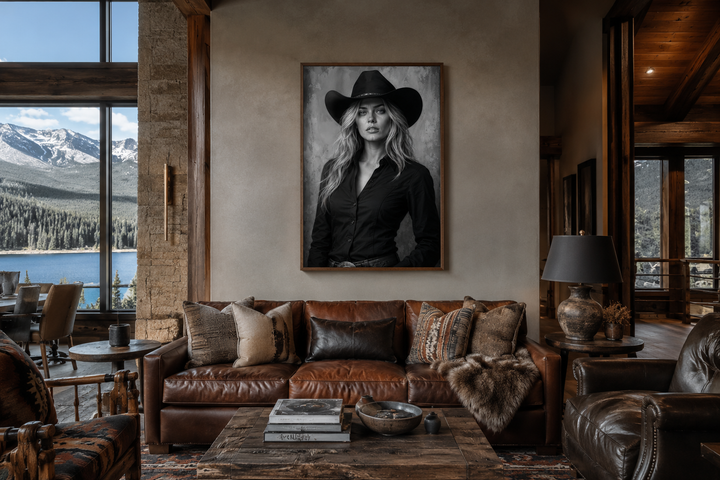 Black and white cowgirl portrait with striking blue eyes canvas print in a rustic living room.
