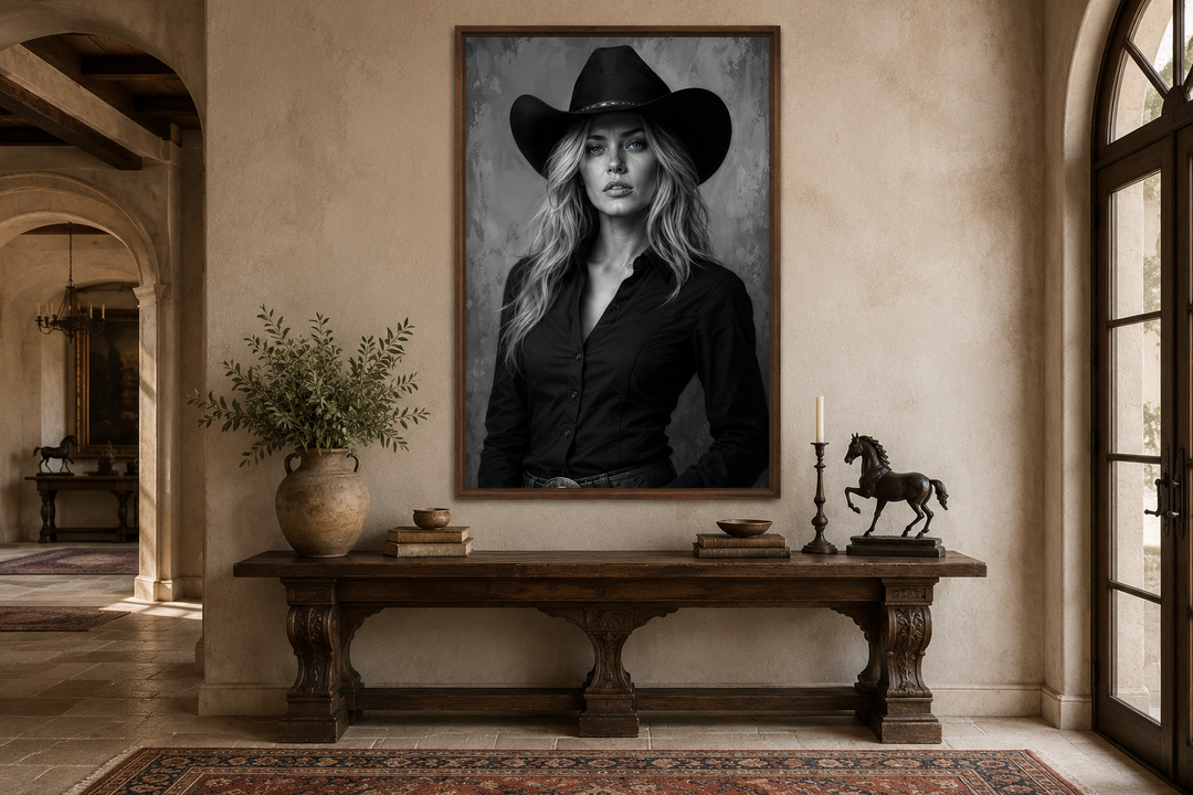 Black and white cowgirl portrait with striking blue eyes wall art above a wooden console table.