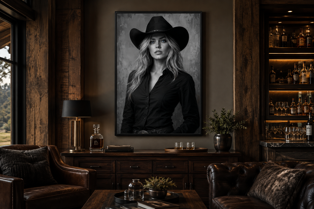 Black and white cowgirl portrait with striking blue eyes canvas wall art in a rustic living room.