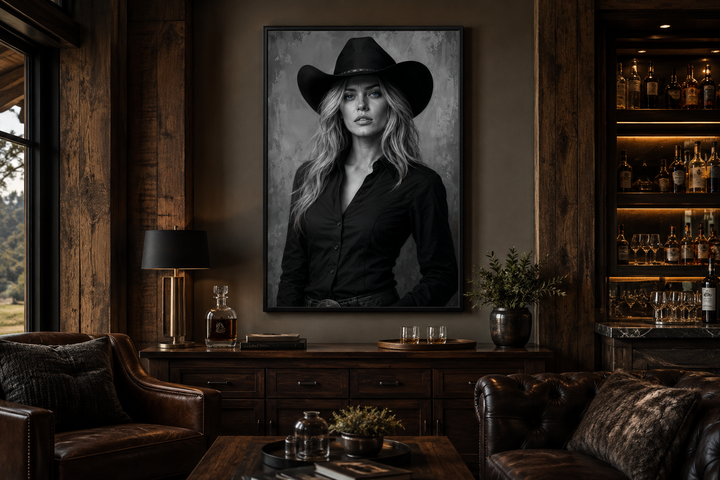 Black and white cowgirl portrait with striking blue eyes canvas wall art in a rustic living room.
