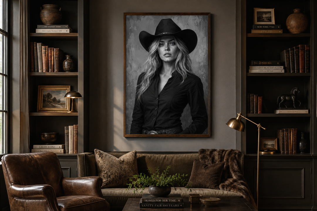 Black and white cowgirl portrait with blue eyes on a canvas print above a sofa in a library.
