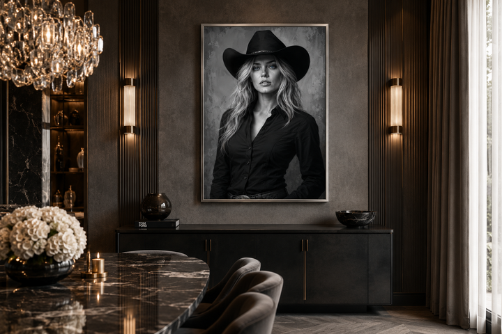 Black and white cowgirl portrait with striking blue eyes on a canvas print in a modern dining room.