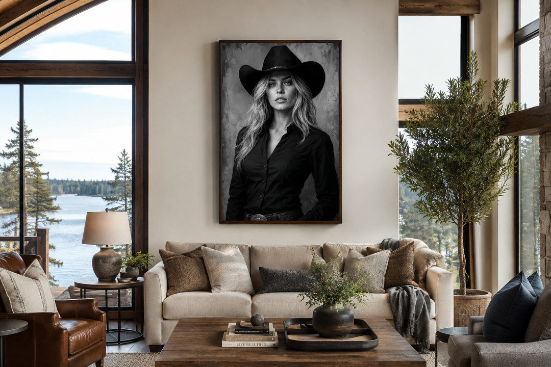 Black and white cowgirl portrait canvas print with blue eyes hanging in a modern living room.