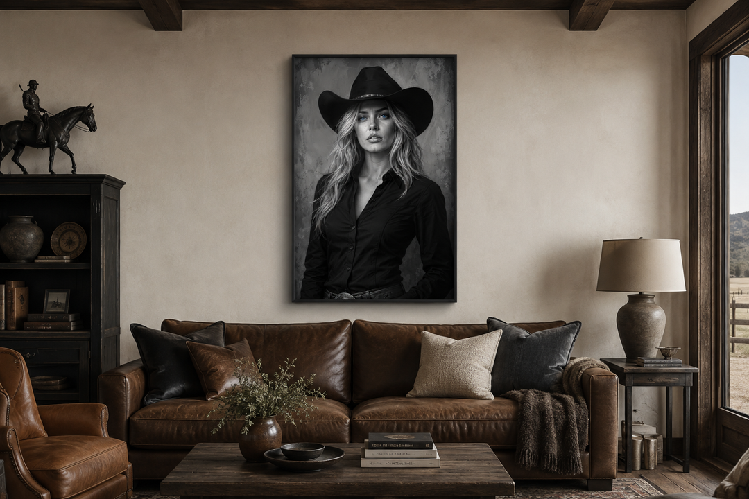 Black and white cowgirl portrait with striking blue eyes canvas art hanging above a leather sofa.