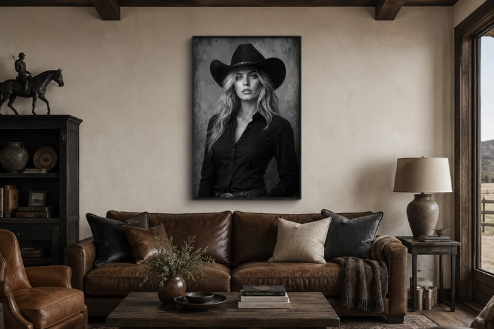 Black and white cowgirl portrait with striking blue eyes canvas art hanging above a leather sofa.