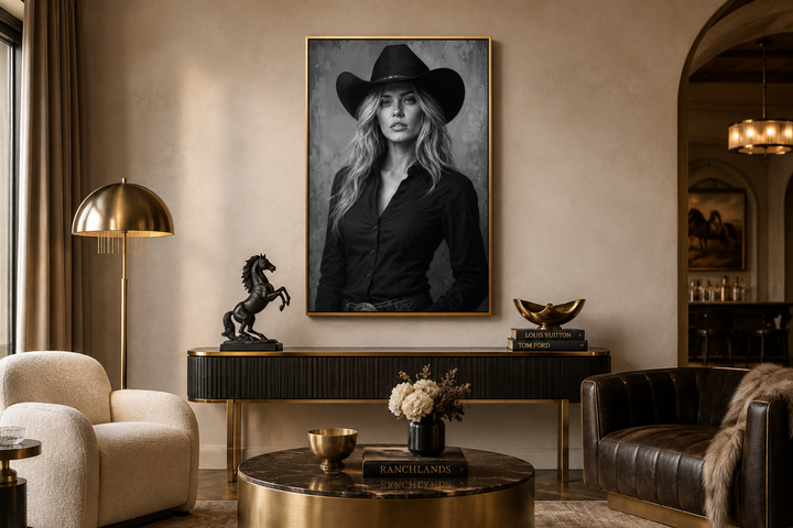 Black and white cowgirl portrait with blue eyes in a gold frame above a modern console table.