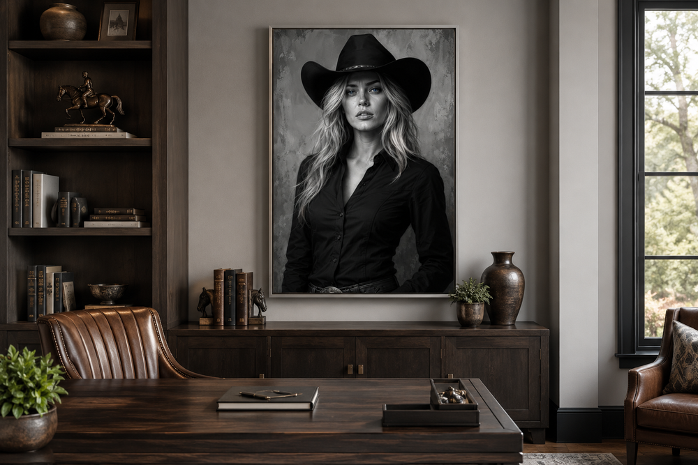 Black and white cowgirl portrait with blue eyes canvas print hanging in a modern office.