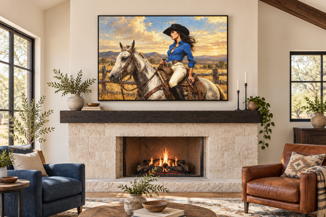 Cowgirl on a white horse framed canvas wall art displayed above a stone fireplace mantel.