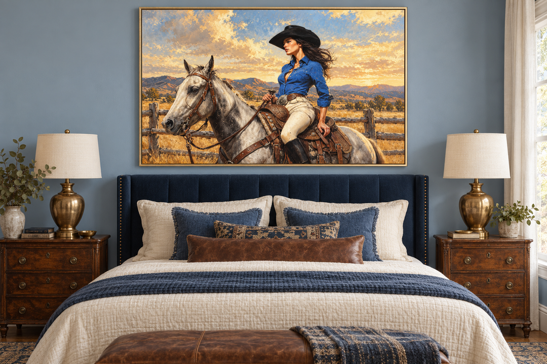 Cowgirl on white horse framed canvas wall art hanging above a bed in a rustic bedroom.