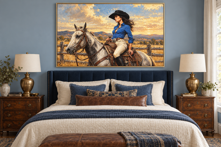 Cowgirl on white horse framed canvas wall art hanging above a bed in a rustic bedroom.