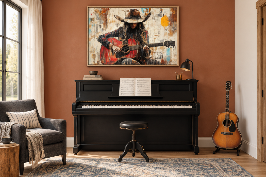 Cowgirl Playing Guitar Framed Canvas Wall Art hanging above a black piano in a rustic room.