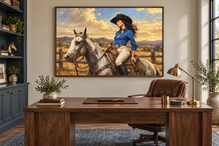 Cowgirl on white horse framed canvas wall art hanging above a walnut desk in a home office.