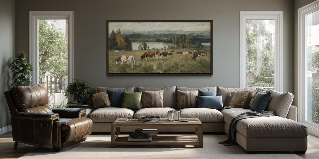 Large horizontal canvas wall art of cows grazing in a pasture, styled for farmhouse decor.