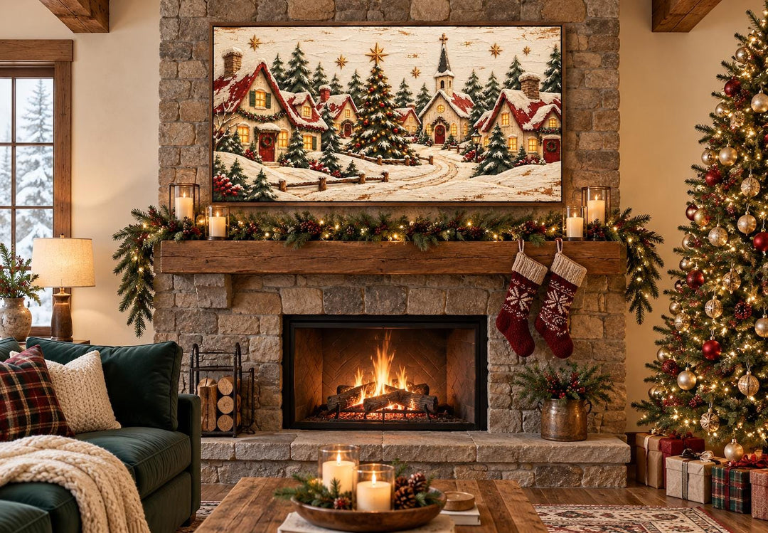 Cozy Christmas Village framed canvas wall art above a fireplace in a festive living room.
