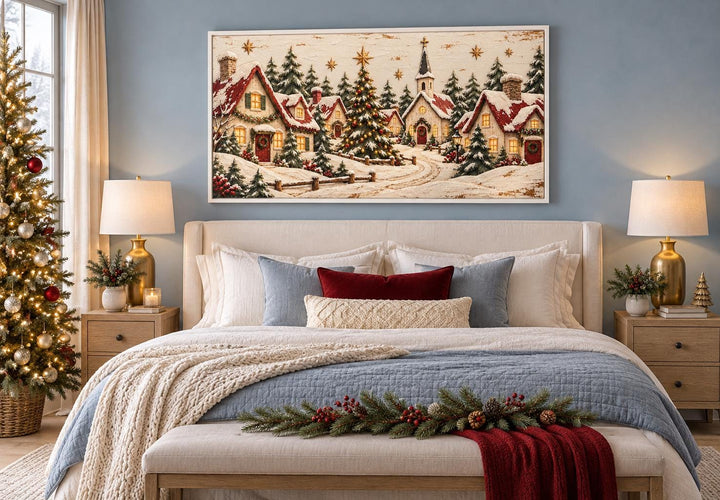 Cozy Christmas Village framed canvas wall art above a bed in a festive bedroom setting.