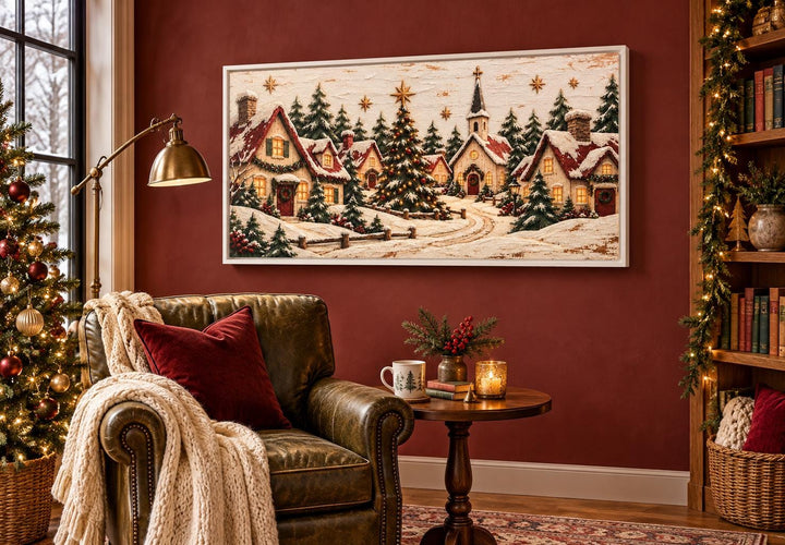 Cozy Christmas Village framed canvas wall art above a leather chair in a festive red room.