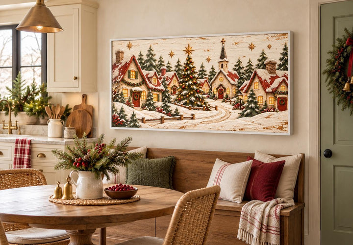 Cozy Christmas Village framed canvas wall art featuring snowy cottages, a church, and a festive tree.