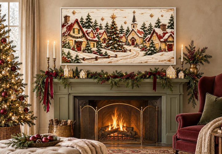 Cozy Christmas Village framed canvas wall art above a fireplace with festive holiday decor.
